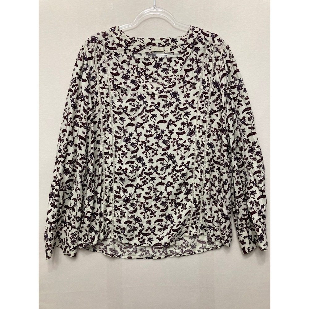 Hinge Floral Lace Trim Blouse XL Cream Burgundy Boho V-Neck Long Sleeve Top